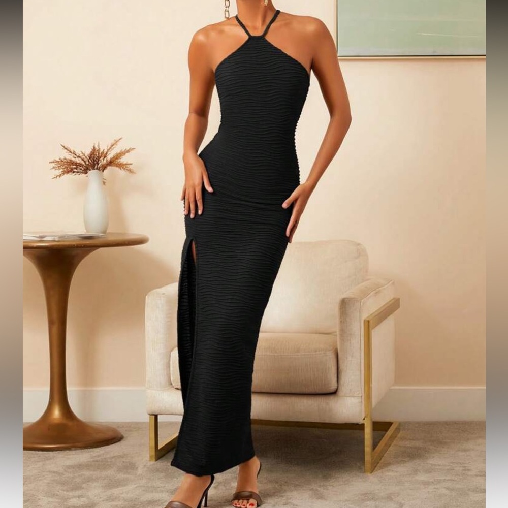Black Halter Maxi Dress with Slit